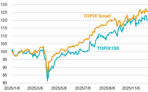 TOPIX100(大型株指数)とTOPIX Small(小型株指数)の推移